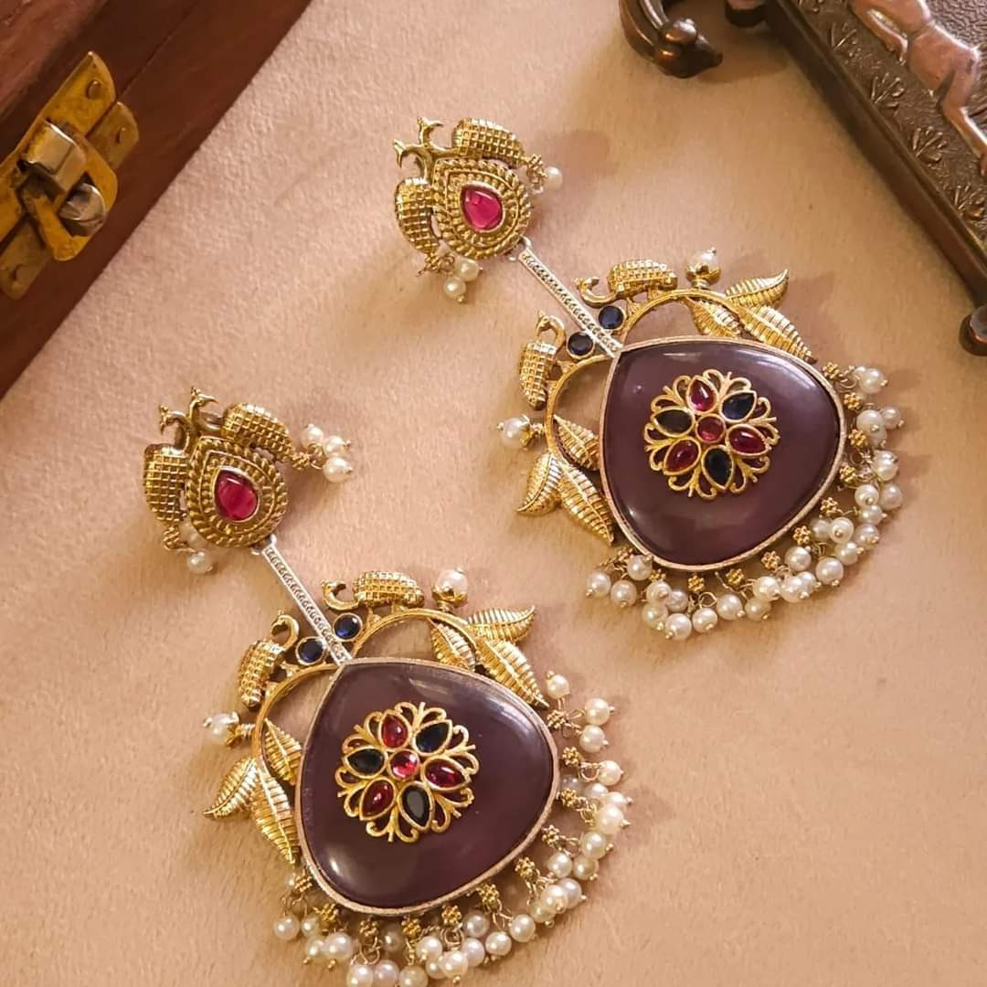 Beautifull big size Monalisa stone dual tone Kundan earrings